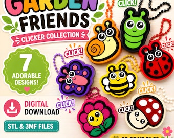 Puede incluir: Una colección digital de 7 diseños de clickers Garden Friends que incluye un caracol, una oruga, una mariquita, una abeja, una flor, una seta y una criatura morada. El set incluye archivos STL y 3MF para impresión 3D con cadena de bolas.