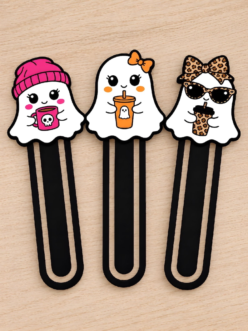 Set of three cute girl ghost bookmarks with pink beanie and mug, orange bow and drink, and leopard bow with sunglasses.
