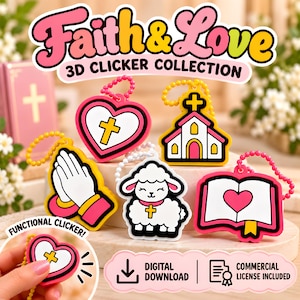 May include: A collection of five colourful 3D clicker charms featuring religious symbols including a heart with a cross, a church, praying hands, a lamb with a cross, and an open book with a heart. The text reads Faith & Love 3D Clicker Collection.