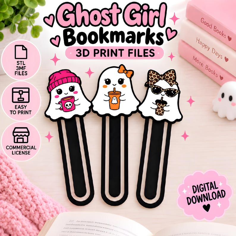 Girl ghost bookmark 3D print files featuring three cute ghost designs with pink beanie, orange bow, and leopard bow. STL and 3MF digital download with commercial license.