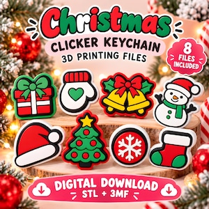 以下が含まれることがあります： クリスマスをテーマにしたクリッカーキーホルダーの3Dプリント用データ8種セット。デザインはギフト、ミトン、ベル、雪だるま、サンタ帽、クリスマスツリー、雪の結晶、靴下。テキスト：Christmas CLICKER KEYCHAIN 3D PRINTING FILES, 8 FILES INCLUDED, DIGITAL DOWNLOAD STL + 3MF。