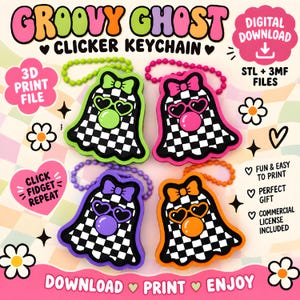 May include: Four ghost-shaped clicker keychains with black and white checkered patterns, each featuring a bow, heart-shaped glasses, and a bubble. The keychains are lime green, pink, purple, and orange. Text includes GROOVY GHOST CLICKER KEYCHAIN.