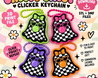 May include: Four ghost-shaped clicker keychains with black and white checkered patterns, each featuring a bow, heart-shaped glasses, and a bubble. The keychains are lime green, pink, purple, and orange. Text includes GROOVY GHOST CLICKER KEYCHAIN.