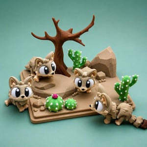 May include: A 3D printed desert diorama featuring three tan fox-like creatures with large black eyes, a brown leafless tree, two green saguaro cacti, two small round green cacti with white dots, one with a pink flower, and tan rock formations.