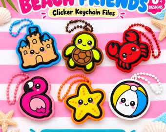 Llavero Beach Clicker, archivos para impresión 3D, 6 diseños Kawaii Fidget STL, uso comercial.