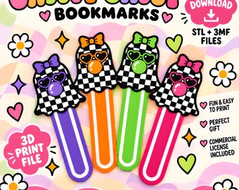 Puede incluir: Cuatro marcapáginas con forma de fantasma con patrones de cuadros blancos y negros, lazos coloridos, gafas de sol en forma de corazón y chicle. El texto dice Groovy Ghost Bookmarks, Digital Download, STL + 3MF Files, 3D Print File, Fun & Easy To Print, Perfect Gift, Commercial License Included, Download, Print, Enjoy.