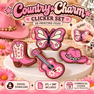 May include: A set of three pink and cream 3D printed clicker charms featuring a butterfly, a cowboy boot, and an acoustic guitar, each with a pink ball chain. The text reads Country Charm CLICKER SET 3D PRINTING FILES, DIGITAL DOWNLOAD, STL + 3MF INCLUDED, and COMMERCIAL LICENSE.