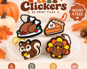 Puede incluir: Cuatro diseños de archivos de impresión 3D etiquetados como Fall Clickers, que incluyen un pavo asado, una porción de tarta de calabaza, una ardilla con una bellota y un pavo con plumas coloridas. Cada artículo tiene un orificio con una cadena.