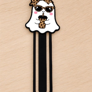 Cute girl ghost 3D printed bookmark with leopard print bow, sunglasses, and matching leopard print drink cup.