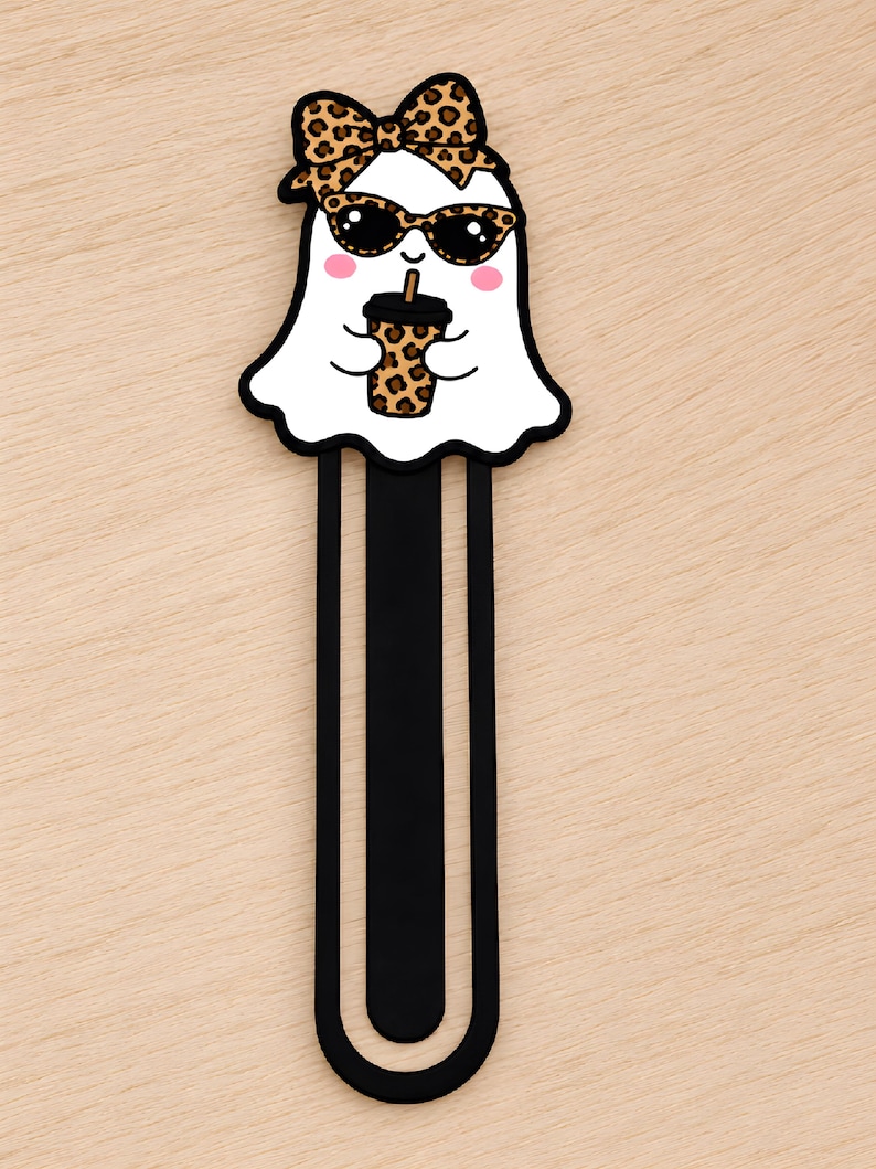 Cute girl ghost 3D printed bookmark with leopard print bow, sunglasses, and matching leopard print drink cup.