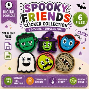 May include: A digital download collection of six Spooky Friends clicker designs including a green monster, a witch, a vampire, a white ghost, a zombie, and a mummy. The graphic features the text Spooky Friends Clicker Collection, 6 Files, and STL & 3MF Files, with icons for support free printing, commercial license, and keychain ready.
