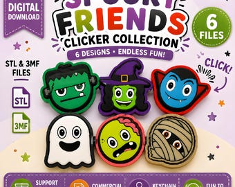 Puede incluir: Una colección de descarga digital de seis diseños de clicker Spooky Friends que incluye un monstruo verde, una bruja, un vampiro, un fantasma blanco, un zombi y una momia. El gráfico presenta el texto Spooky Friends Clicker Collection, 6 Files y STL & 3MF Files, con iconos para impresión sin soportes, licencia comercial y listo para llavero.