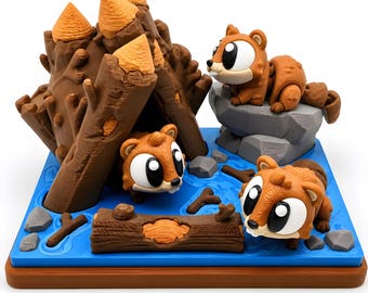 Juego de la familia de castores adoptables, hábitat de presa en el bosque, mascotas de escritorio de castores articuladas impresas en 3D, adorable artículo coleccionable del bosque, regalo para amantes de la naturaleza