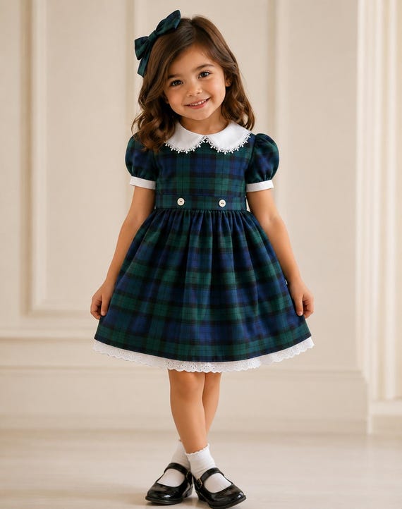 green plaid dress with white collar Elegant Girls Scottish Tartan Party – Classic & Navy Frock Lace RCT-Joana-202427