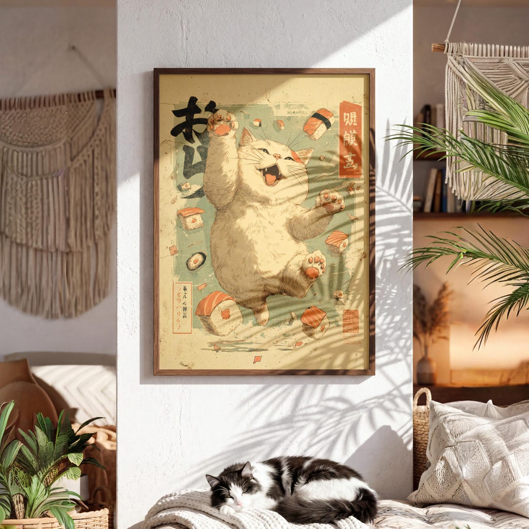 Japanese Sushi Cat Wall Art | Vintage Aesthetic Cat Poster | Printable ...