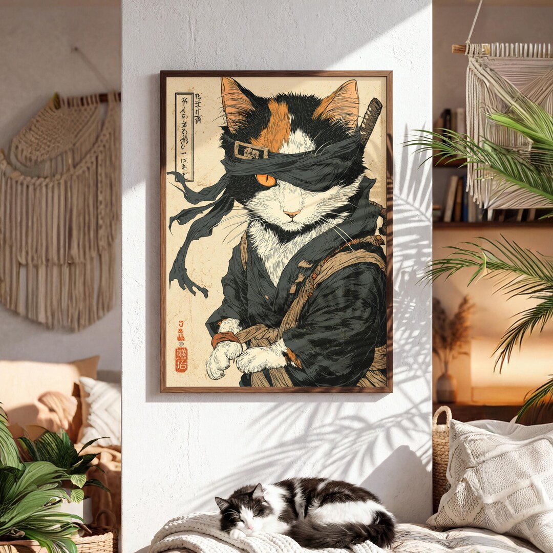 Japanese Ninja Cat Poster | Samurai Cat Wall Art | Vintage Japanese Cat ...