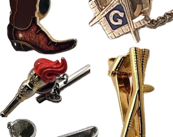Vintage Novelty Tie Clip Tack Lot. Masonic Square G, Pharmacist Mortar and Pestle, 2004 Olympic Torch, Crossed Golf Clubs, Cowboy Boot