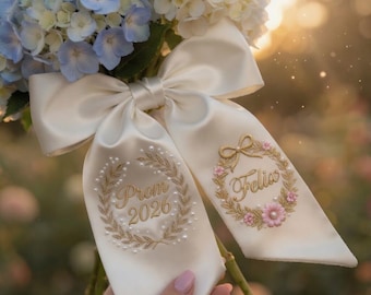 Personalized Ivory Prom 2026 Ribbon, Embroidered Name Bouquet Sash, Custom Floral Monogram Bow, Elegant Pearl Prom Keepsake Gift