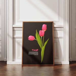 May include: A framed art print featuring a stylized illustration of three pink tulips with green leaves against a black background. The word "TULIP" is displayed in pink text. The frame is a warm brown color.