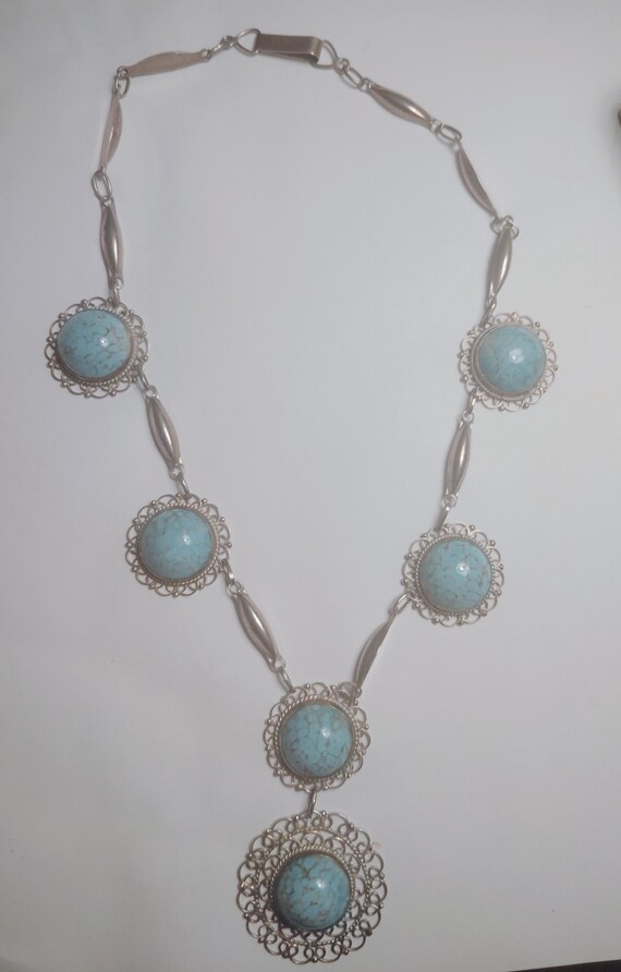 Vintage Faux Turquoise Sterling Silver Necklace, Plata de Jalisco