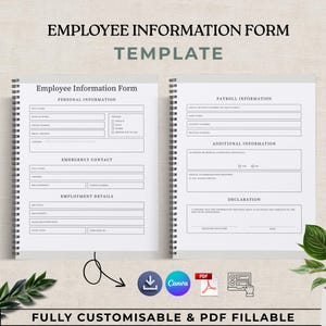 May include: A template for an employee information form, with sections for personal, payroll, and emergency contact details. The form is customizable and fillable in PDF format. The text "EMPLOYEE INFORMATION FORM TEMPLATE" is at the top.