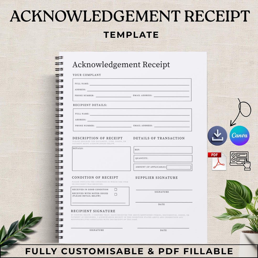 Acknowledgement of Receipt Form Template | Editable Canva & Fillable ...