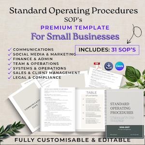 Puede incluir: Una plantilla digital para pequeñas empresas, con el texto "Standard Operating Procedures" y "Premium Template". La imagen incluye una lista de categorías de SOP, iconos y la frase "Includes: 31 SOP's". El diseño es totalmente personalizable y editable.