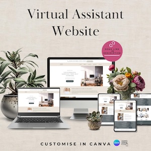 May include: A laptop, desktop computer, and tablets showcasing a website design for a virtual assistant service. The image features the text "Virtual Assistant Website". A pink circle with "DEMO LINK IN DESCRIPTION" is visible, along with "CUSTOMISE IN CANVA".