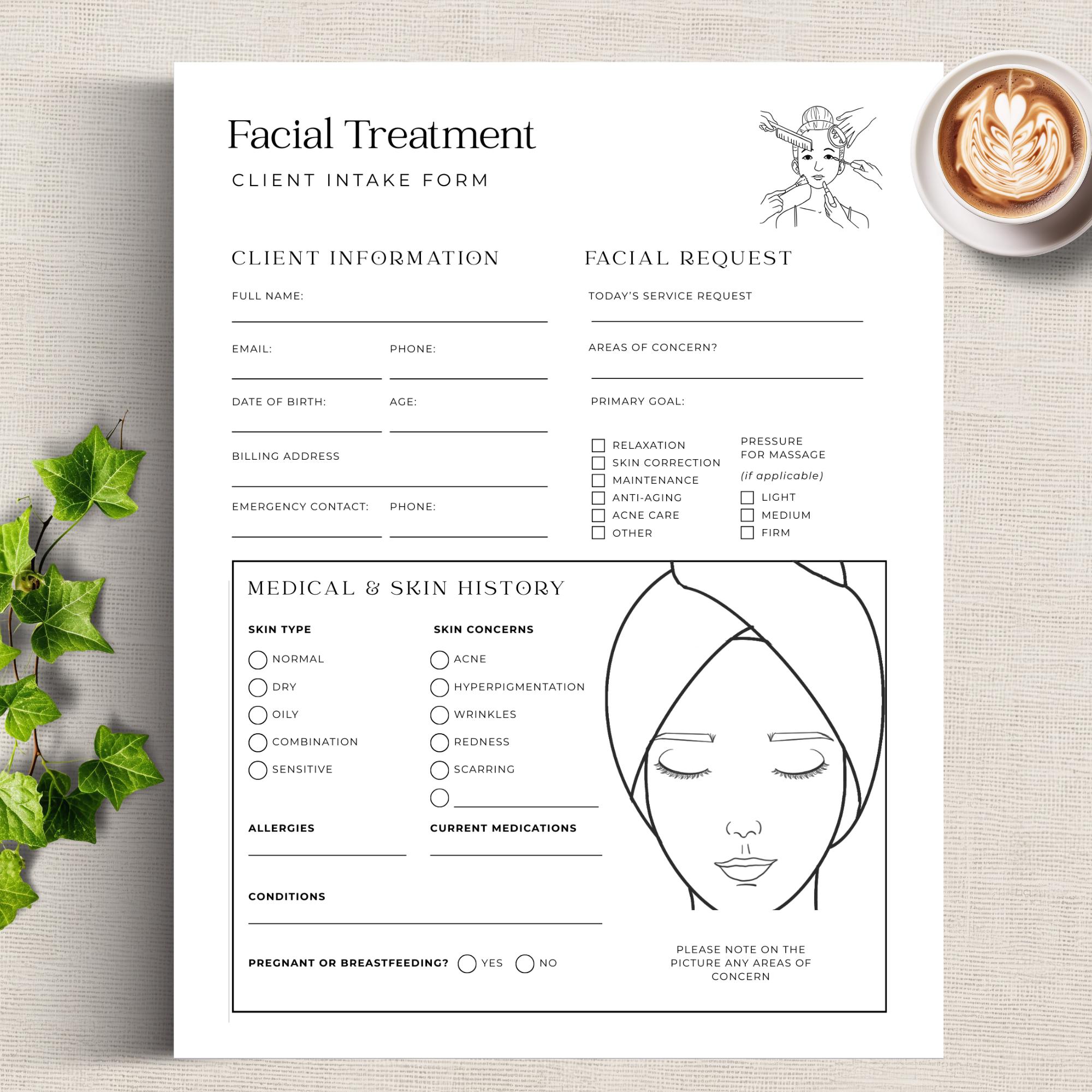 Facial Treatment Client Intake Form + Customer Agreement | Esthetician ...