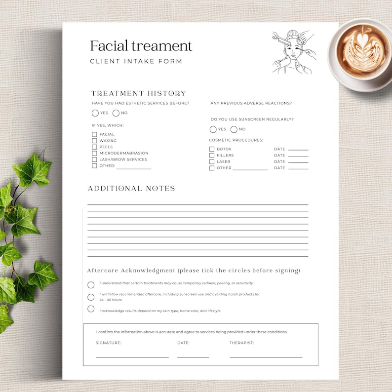 Facial Treatment Client Intake Form + Customer Agreement | Esthetician ...