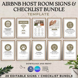Könnte beinhalten: Ein digitales Set aus zehn druckbaren Airbnb-Gastgeberschildern und Checklisten in neutralen Taupe- und Weißtönen. Jedes Schild enthält Symbole und Text für Hausregeln, WLAN, Müllentsorgung, Check-in, Rauchverbot und Energiesparhinweise.