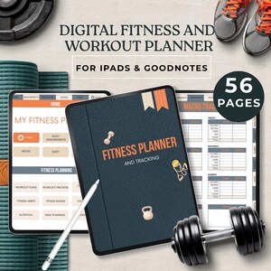 May include: A digital fitness and workout planner for iPads and GoodNotes with 56 pages. The planner features a dark blue cover with fitness icons, alongside tablet screens displaying workout plans, macro trackers, and a white stylus pen.