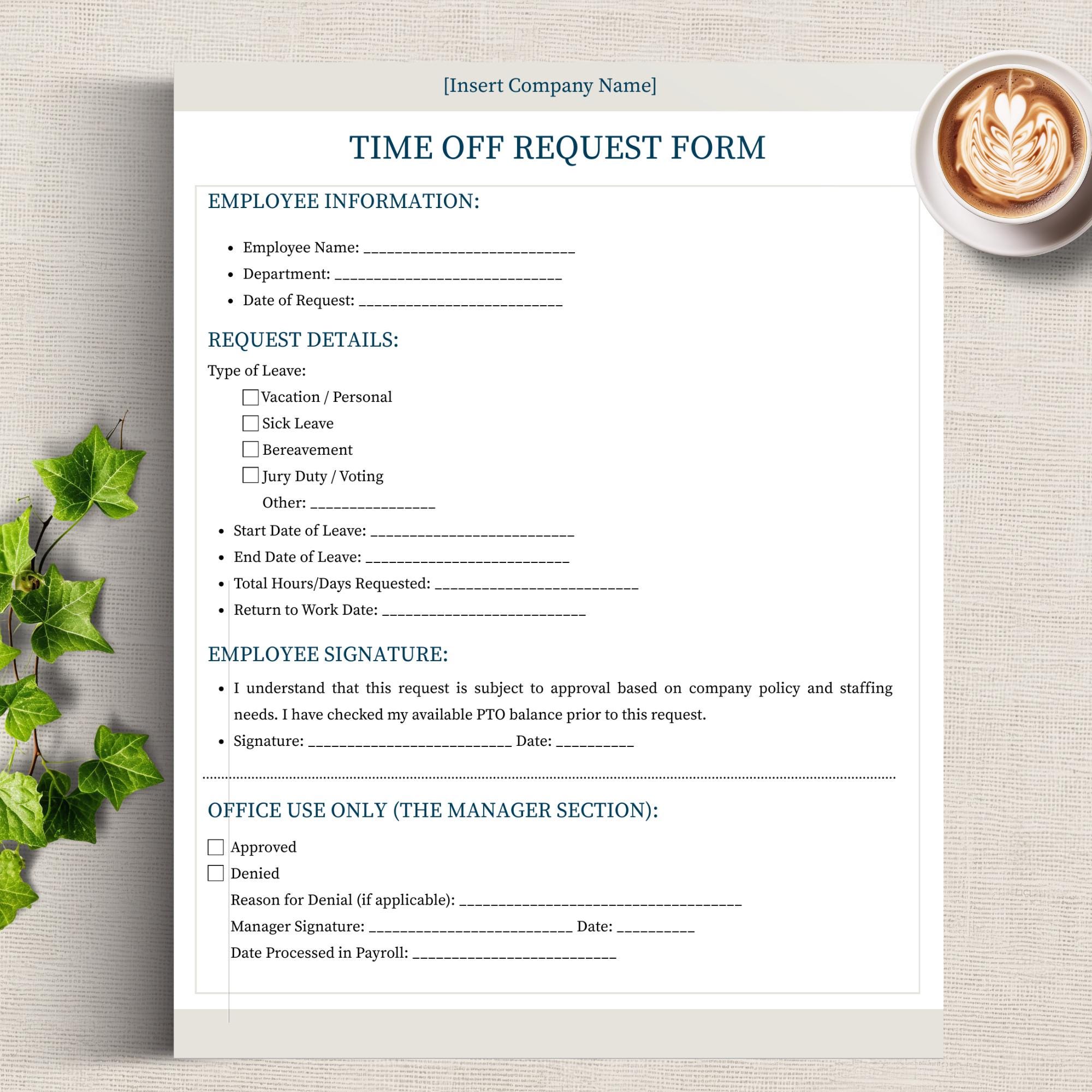 Employee Time off Request Form Template | PTO Request Sheet | Vacation ...