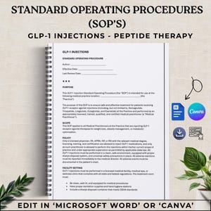 May include: A document titled "STANDARD OPERATING PROCEDURES (SOP'S)" for GLP-1 injections and peptide therapy. The document includes sections on purpose, scope, and policy. The text also mentions editing options in Microsoft Word or Canva. A Canva logo is visible.