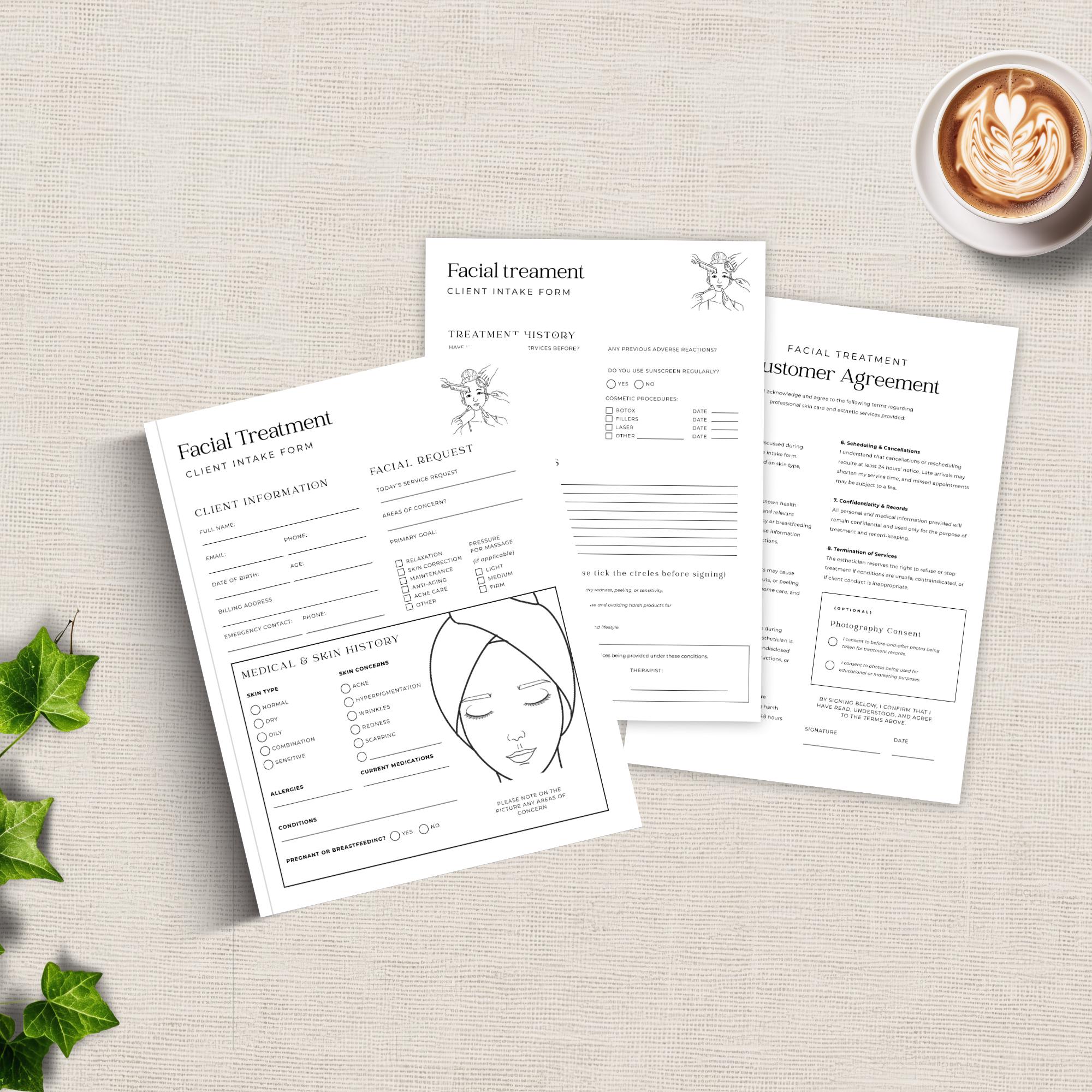 Facial Treatment Client Intake Form + Customer Agreement | Esthetician ...