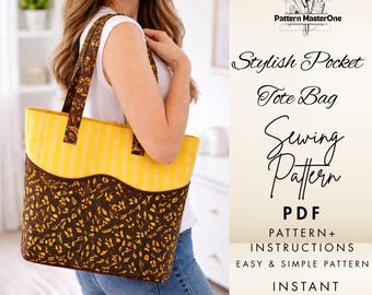 Stylish Pocket Tote Bag Sewing Pattern PDF, Easy Tote Bag Pattern, Step by Step Instructions with Photos, Cutting Layout, Instant Download