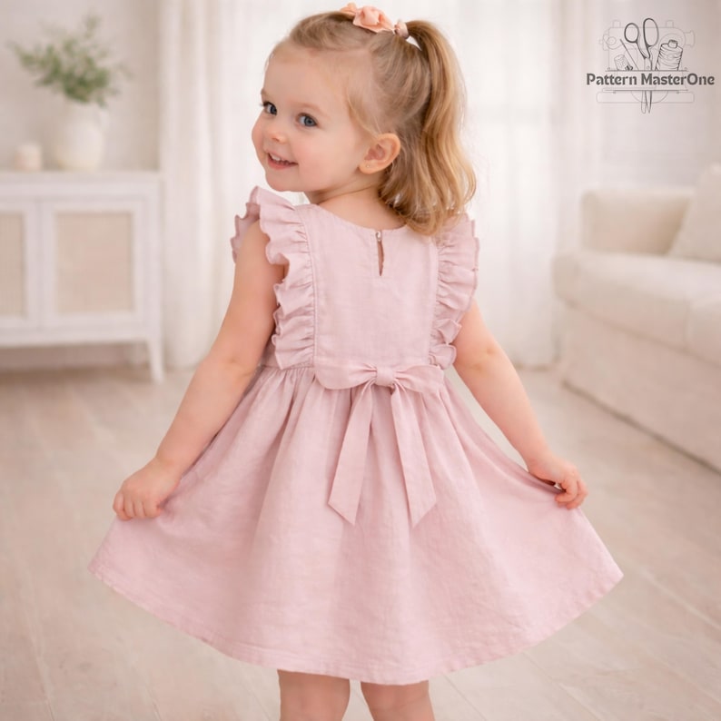 May include: A light pink dress with ruffled sleeves and a bow in the back. The dress is made of a soft fabric and has a simple, elegant design. The dress is suitable for a young child.
