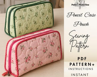 Quilted Pencil Case Sewing Pattern PDF, Zipper Pouch Tutorial, Printable Pattern Pieces, DIY Cosmetic Bag, Instant Download