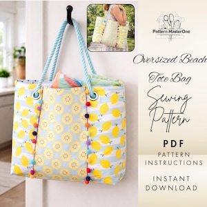 May include: Oversized beach tote bag with a lemon pattern on a blue and white striped background. The bag has a light blue rope handle and is decorated with colorful pom-poms. The text on the image says "Oversized Beach Tote Bag Sewing Pattern".