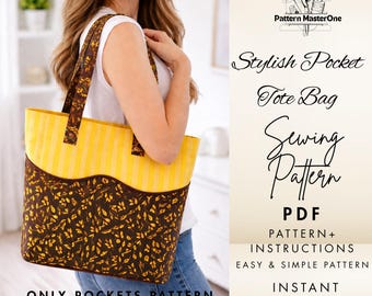 Stylish Pocket Tote Bag Sewing Pattern PDF, Easy Tote Bag Pattern, Step by Step Instructions with Photos, Cutting Layout, Instant Download