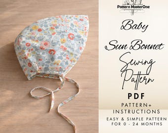 Baby Sun Bonnet Sewing Pattern PDF, 0-24 Months Baby Hat Pattern, Printable Template + Step by Step Photo Tutorial, Instant Download