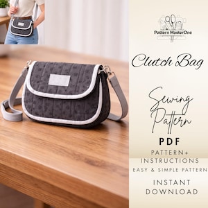 Könnte beinhalten: Graue Clutch-Tasche mit weißem Besatz und grauem Riemen. Die Tasche hat ein Blumenmuster und einen rechteckigen weißen Aufnäher. Der Text "Clutch Bag" und "Sewing Pattern" ist sichtbar.