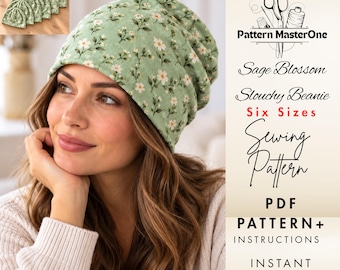 Slouchy Beanie Sewing Pattern PDF, Winter Hat Pattern, Baby to Adult Large, 6 Sizes, Knit Cap Sewing Pattern, Sage Blossom, Easy Sew