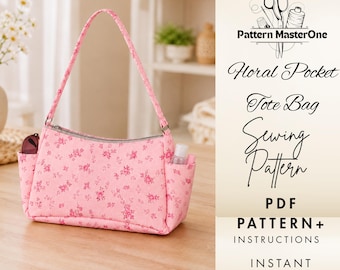 Cartamodello PDF per borsa tote con tasca floreale, modello fai da te per borsa tote, borsetta con tasca laterale, formati A4 e US Letter, istruzioni passo passo