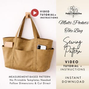Patrón de costura para bolso de mano con múltiples bolsillos (PDF), bolso de lona, instrucciones paso a paso con fotos, videotutorial, descarga instantánea.