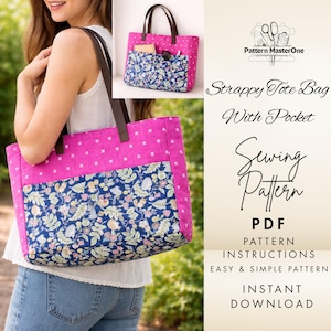 May include: A pink tote bag with a floral patterned pocket and brown handles. The bag has a pink dotted top and a blue floral bottom. The text on the image says "Strappy Tote Bag With Pocket Sewing Pattern PDF".