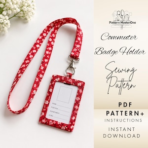 May include: A red fabric badge holder with a small white floral pattern, featuring a matching lanyard and a silver metal swivel clasp. The holder contains a white ID card insert with fields for name, position, department, and ID number. Text reads Pattern MasterOne.