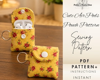Cute AirPods Pouch Sewing Pattern PDF, Floral Earbuds Case Tutorial, DIY Keychain Holder, Printable Template & Instructions