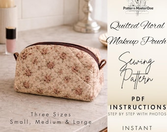 Quilted Floral Makeup Pouch Sewing Pattern PDF, DIY Cosmetic Bag Tutorial, Step by Step Instructions with Photos, Instant Download