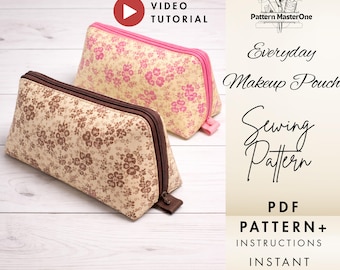 Everyday Makeup Pouch Sewing Pattern PDF, Zipper Cosmetic Bag Tutorial, Step by Step Photo Guide + Video, Printable Pattern